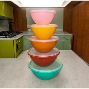 Tupperware Wonderlier Mixing Bowl Set 5 Lids Pink Yellow Jadeite Orange Vintage